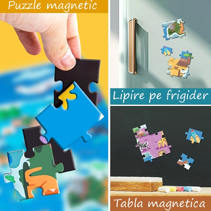 Puzzle magnetic tip tablita harta lumii cu animale, 168 piese, snur agatare pe perete, multicolor, 41x55 cm [4]