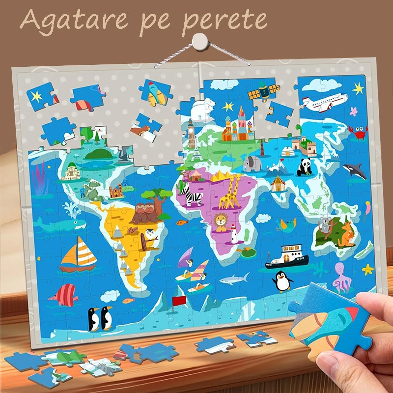 Puzzle magnetic tip tablita harta lumii cu animale, 168 piese, snur agatare pe perete, multicolor, 41x55 cm [5]