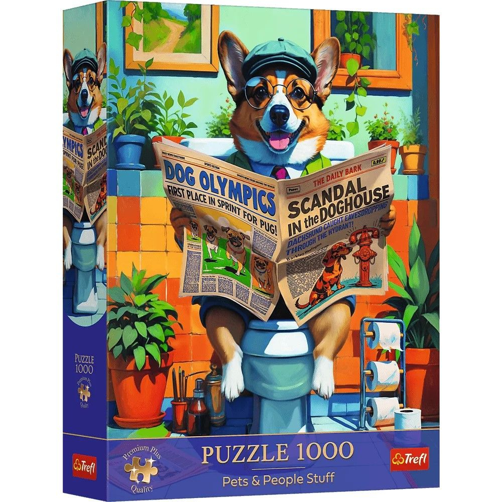 PUZZLE TREFL 1000 PREMIUM PLUS ANIMALE DE COMPANIE SI OAMENI CORGI LA TOALETA