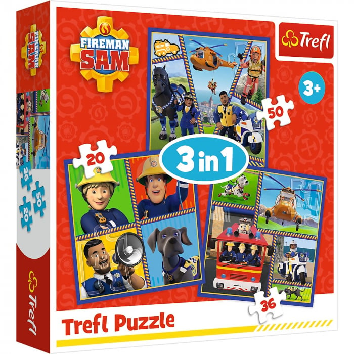 Puzzle Trefl 3in1 Pompierul Sam O Zi din Viata Pompierilor