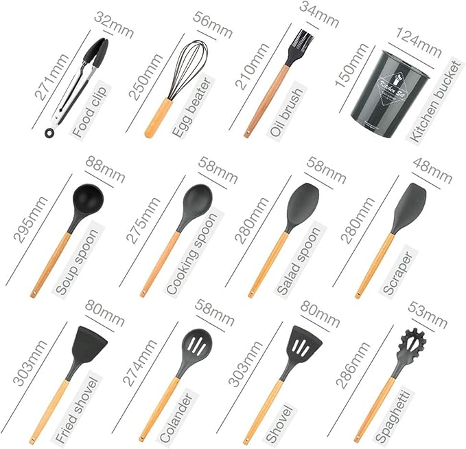 Set 11 ustensile din silicon pentru gatit cu suport,gri antracit [4]