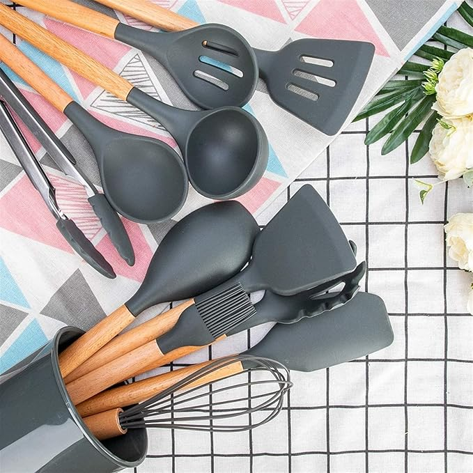 Set 11 ustensile din silicon pentru gatit cu suport,gri antracit [3]
