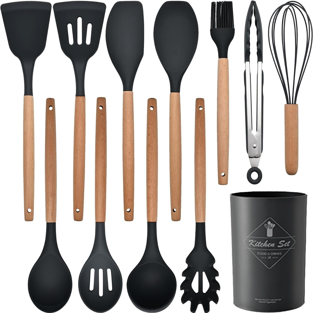 Set 11 ustensile din silicon pentru gatit cu suport,negru [2]