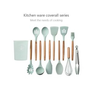 Set 11 ustensile din silicon pentru gatit cu suport,verde pastel [2]