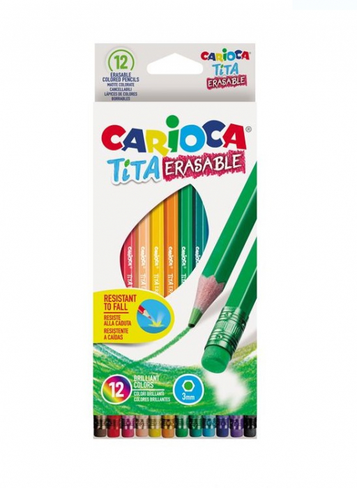 Set 12 creioane colorate cu varf subtire si radiera , Carioca Tita