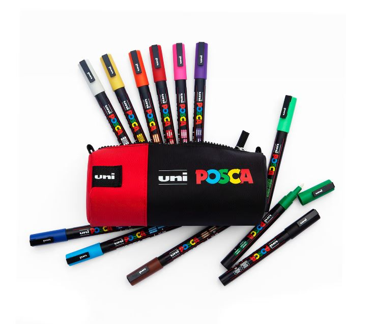 Set 16 markere Posca cu penar cilindric cu fermoar,16 bucati, 6+6+4 / 5M,3M,1M [4]