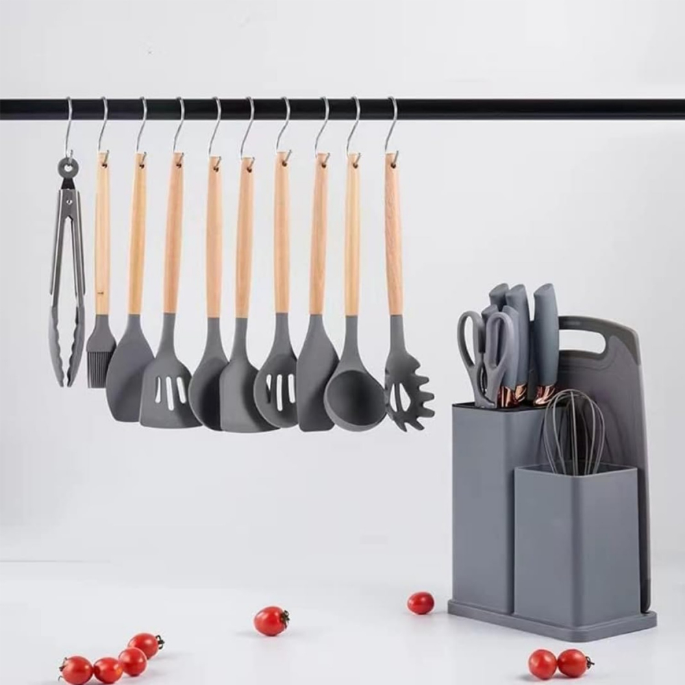 Set 17 ustensile de gatit din silicon cu maner rezistent din bambus, suport si tocator,gri [2]