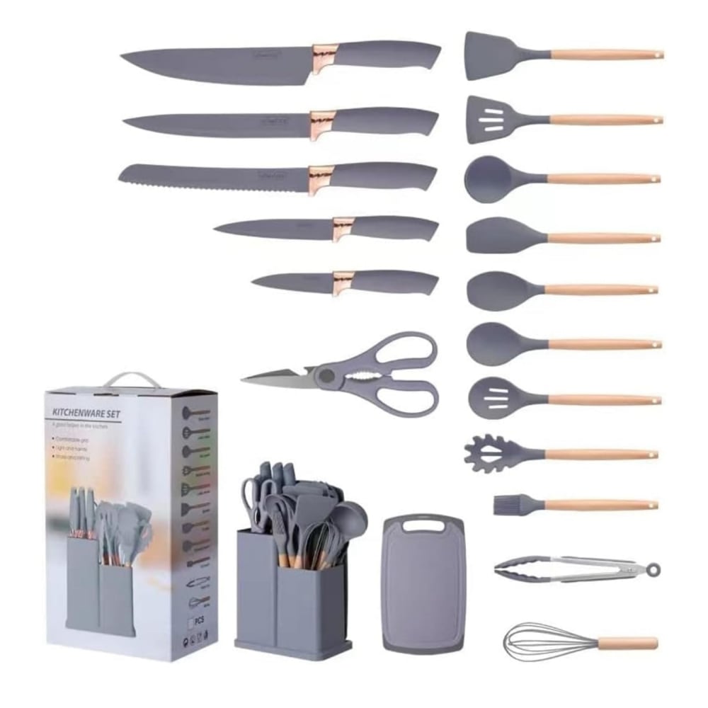 Set 17 ustensile de gatit din silicon cu maner rezistent din bambus, suport si tocator,gri [3]