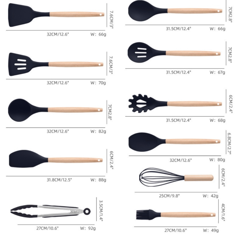 Set 17 ustensile de gatit din silicon cu maner rezistent din bambus, suport si tocator, negru [2]