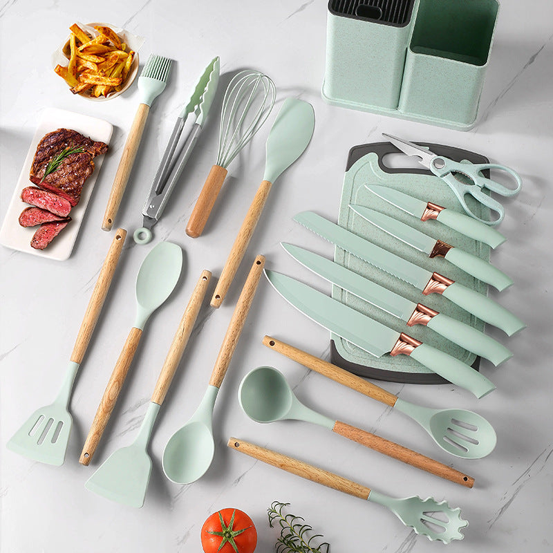 Set 17 ustensile de gatit din silicon cu maner rezistent din bambus, suport si tocator, verde menta [2]