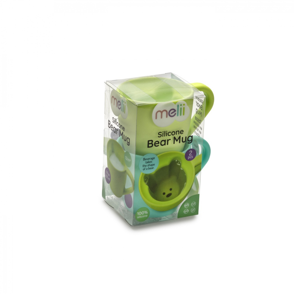 Set 2 cani pentru copii cu interior urs,silicon,200 ml,albastru-verde