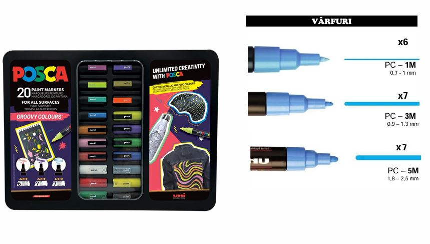 Set 20 markere Posca Groovy Colours in cutie metalica neagra eleganta-Editie limitata [3]
