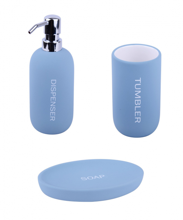 Set 3 accesorii pentru baie format din savoniera, dozator sapun si pahar igiena dentara, ceramica cauciucata, albastru