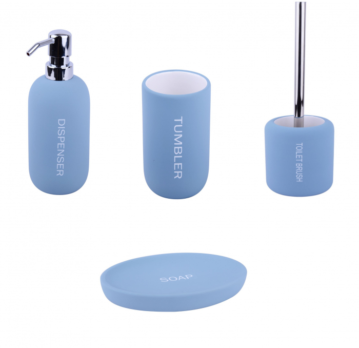 Set 4 accesorii pentru baie format din savoniera, dozator sapun, pahar igiena dentara si perie wc, ceramica cauciucata, albastru
