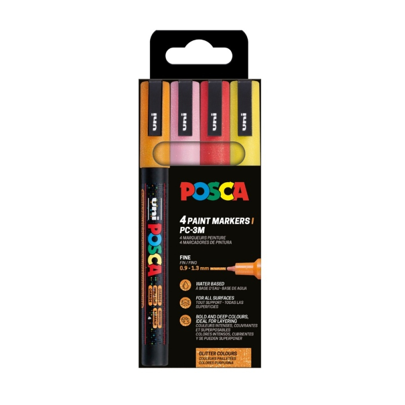 Set 4 markere UNI Posca PC-3ML, vârf rotund 0.9–1.3 mm – culori calde cu sclipici [1]