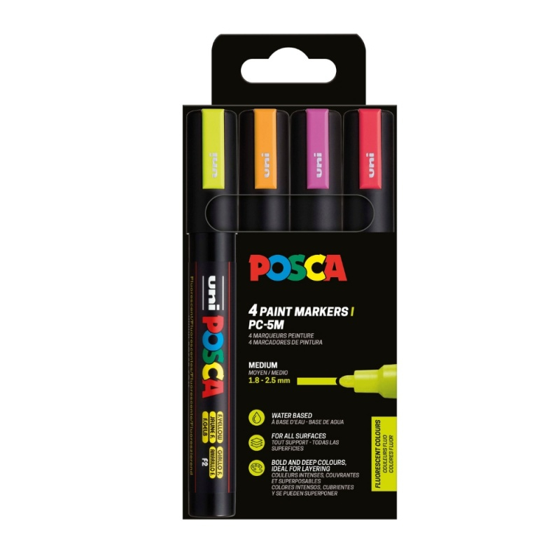 Set 4 markere UNI Posca PC-5M, vârf rotund 1.8–2.5 mm – culori fluorescente (orange, roz, roșu, galben) [1]