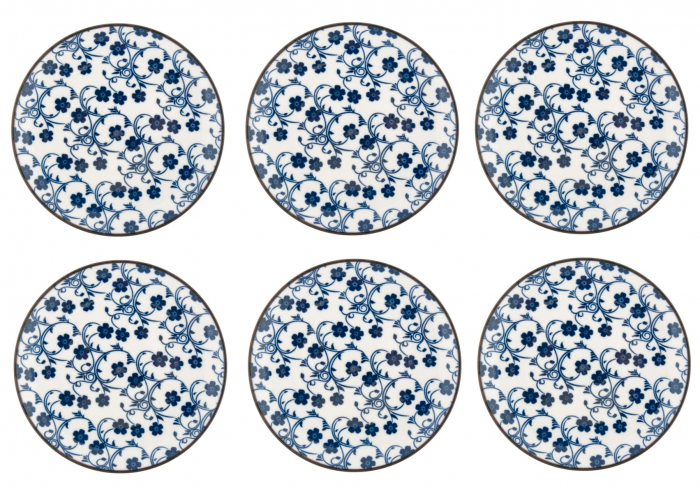 Oem Set 6 farfurii albastre pentru desert din portelan,flori mici ,15 cm