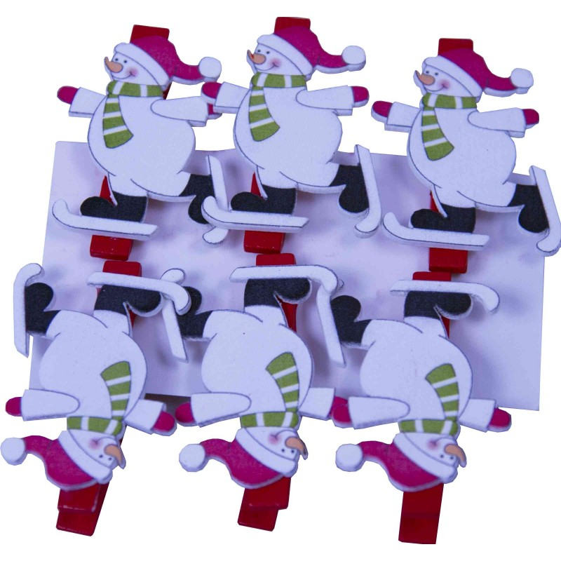 Set 6 mini carlige decorative din lemn,om de zapada,multicolor,3.5cm