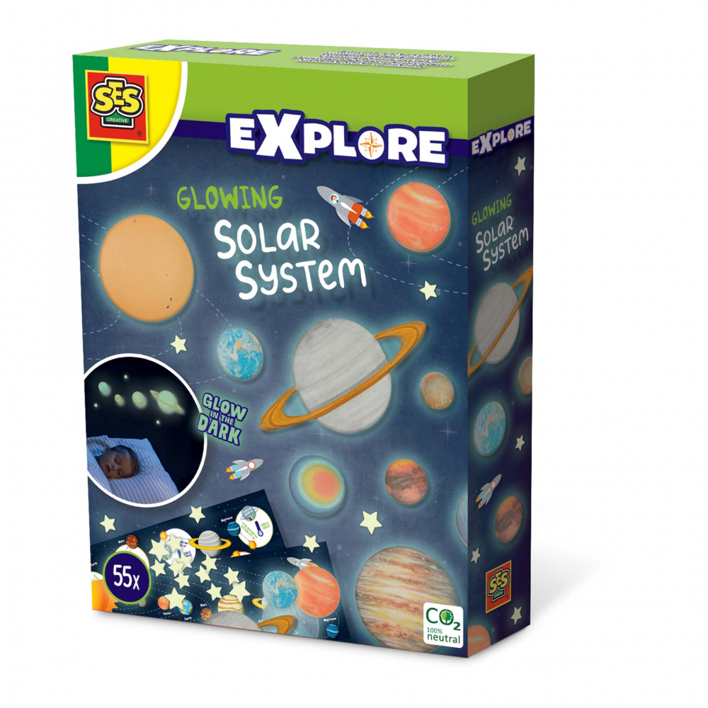 Set autocolante fosforescente cu sistemul solar pentru copii, 55 piese