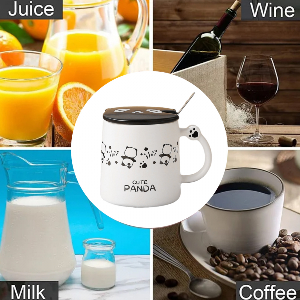 Set cana cu capac si lingurita, urusleti panda,alb,ceramica,370 ml [5]