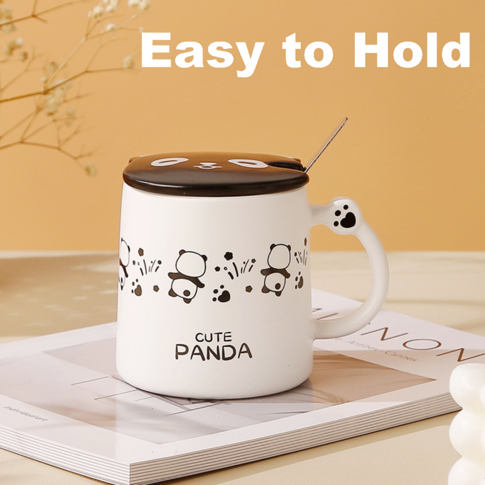 Set cana cu capac si lingurita, urusleti panda,alb,ceramica,370 ml [3]