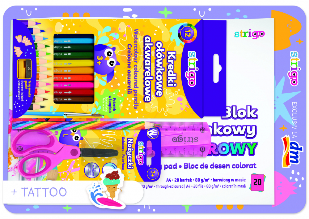 Set complet rechizite -Bloc A4 multicolor, rigla, foarfeca, creion curcubeu, creioane colorate acuarela, ascutitoare, 12 Tatuaje- KIT B4