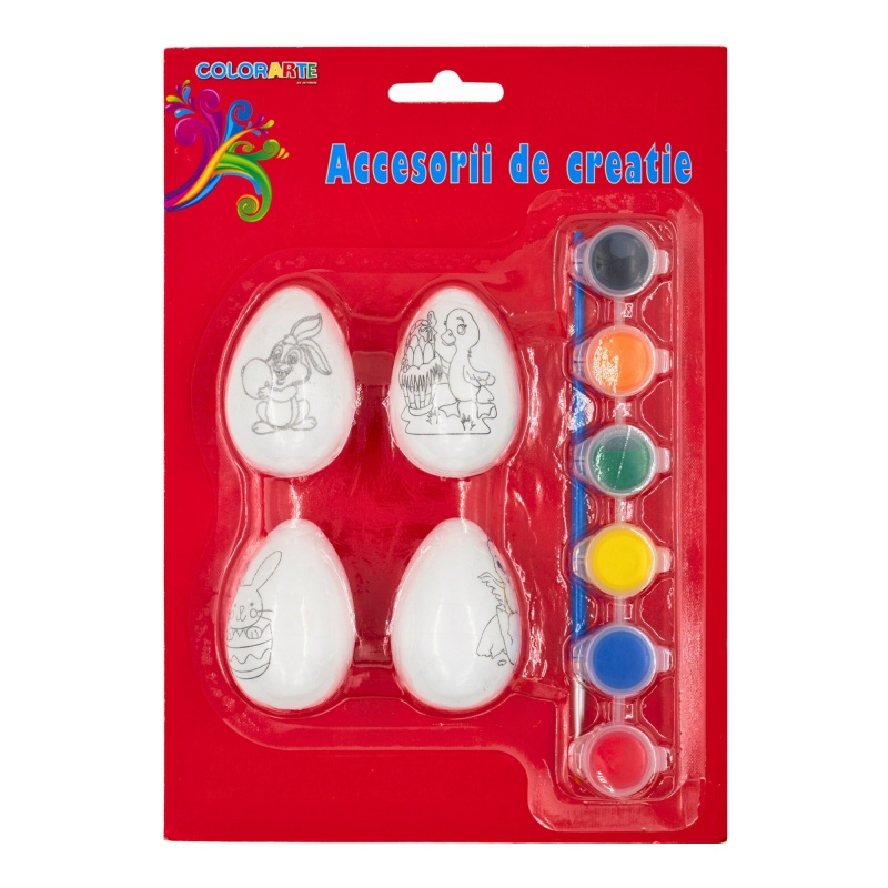 Set creatie din polistiren-ou, alb, pentru pictat   colorat, 5 cm, set 4 buc + pensula + 6 culori