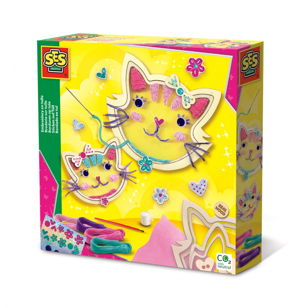 Kit creativ pentru copii de broderie pe tull pentru copii cu pisici