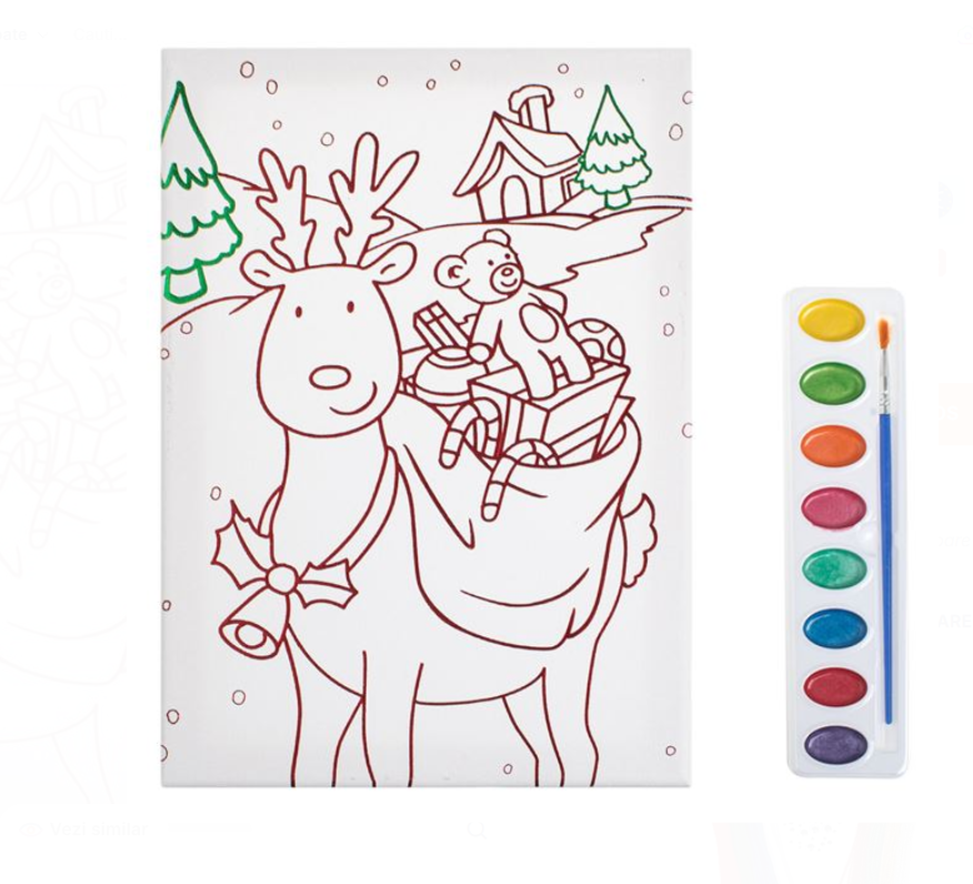 Set creativ de pictat Craciun, canvas A4 cu ren si cadouri, 8 culori si pensula