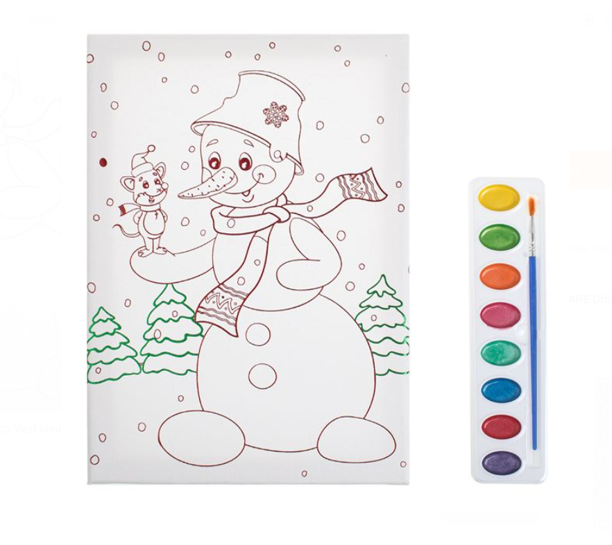 Set creativ de pictat Craciun, canvas cu om de zapada, 8 culori si pensula