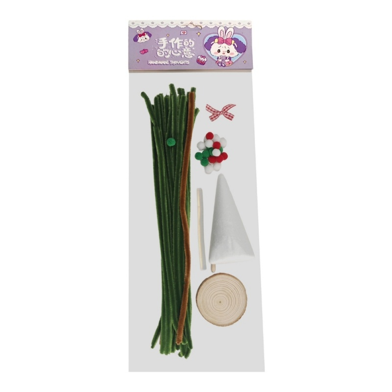 Set creativ DIY Bradut de Craciun, con polistiren, sarma plusata, pom-pom, rondea lemn si accesorii [3]