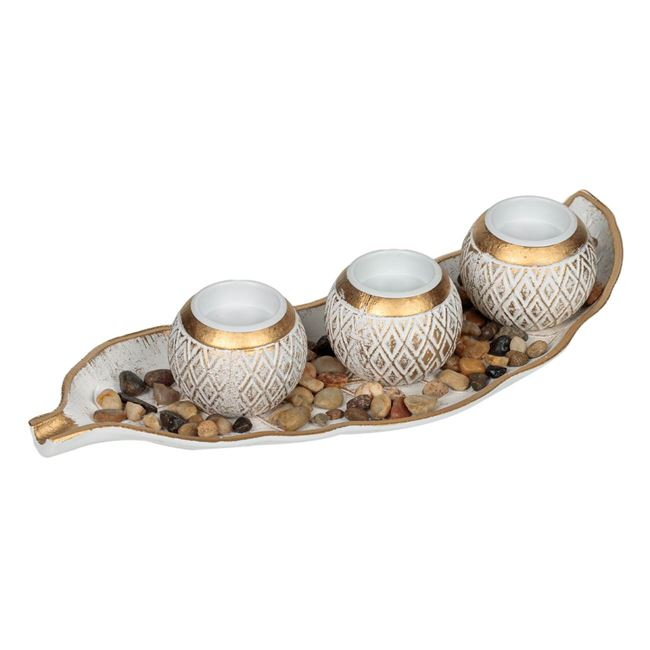 Set decorativ cu platou si 3 suporturi pentru lumanari,lemn,37x7x14 cm