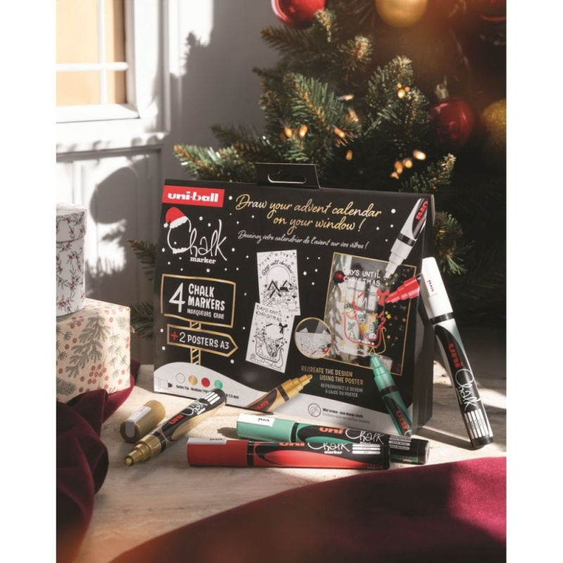 Set Desen Ferestre Crăciun – 4 Markere UNI Chalk XMAS Traditional (alb, auriu, verde si rosu) + 2 șabloane A3 [3]