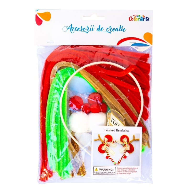 Set DIY creativ de Craciun pentru bentita decorativa, sarma plusata, pom-pom, fundite si lipici