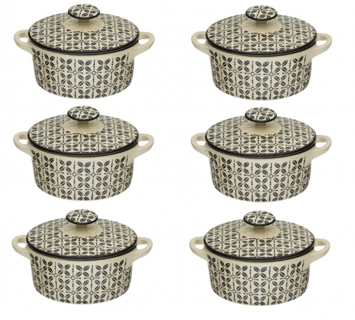 Set format din 6 boluri de servit din ceramica cu manere si capac pentru supa, alb cu negru, 600 ml