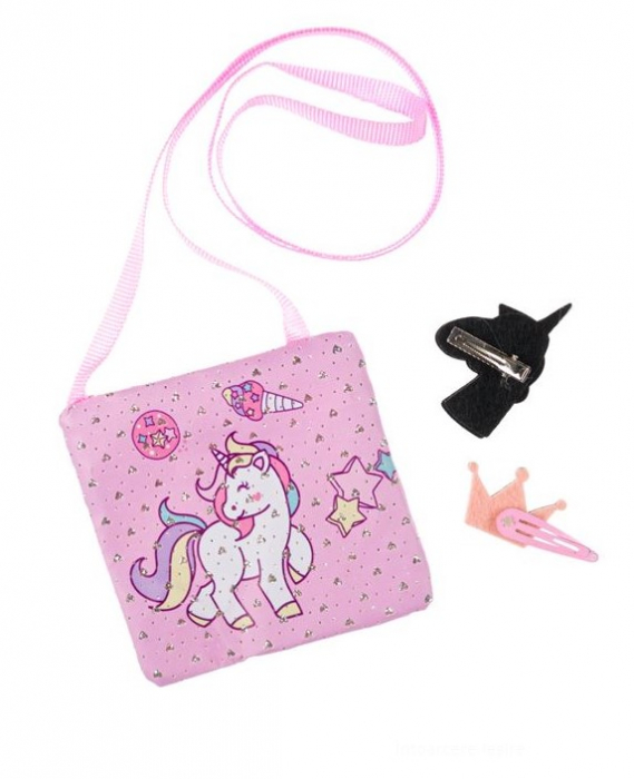 Set geanta cu imprimeu Unicorn cu 2 clame de par incluse [2]