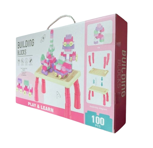Set masuta cu cuburi de construit, 100 piese,plastic, roz, 33x19.5x18 cm [2]