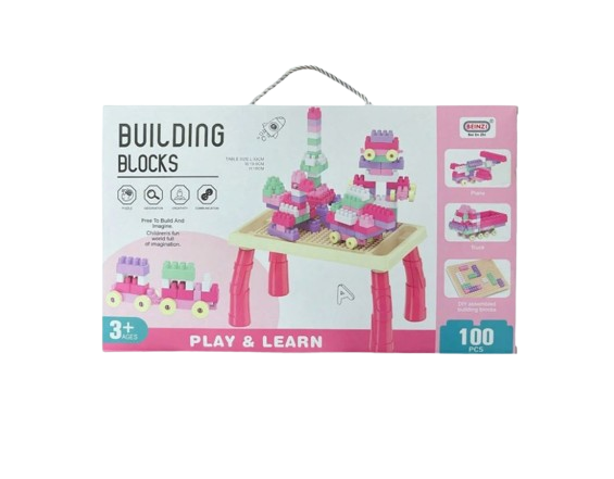 Set masuta cu cuburi de construit, 100 piese,plastic, roz, 33x19.5x18 cm [1]