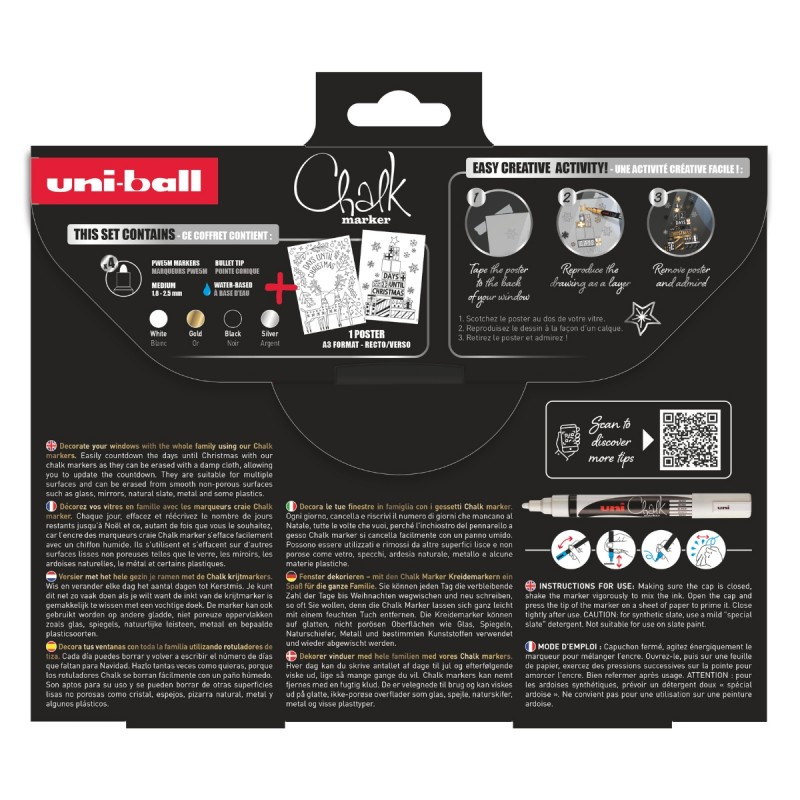 Set pentru desenat pe ferestre 4x Marker cu creta UNI Chalk PWE-5M XMAS Scandinavian, 1.8-2.5mm, alb, auriu, argintiu, negru + 2 sabloane A3 [4]