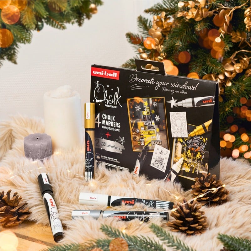 Set pentru desenat pe ferestre 4x Marker cu creta UNI Chalk PWE-5M XMAS Scandinavian, 1.8-2.5mm, alb, auriu, argintiu, negru + 2 sabloane A3 [5]