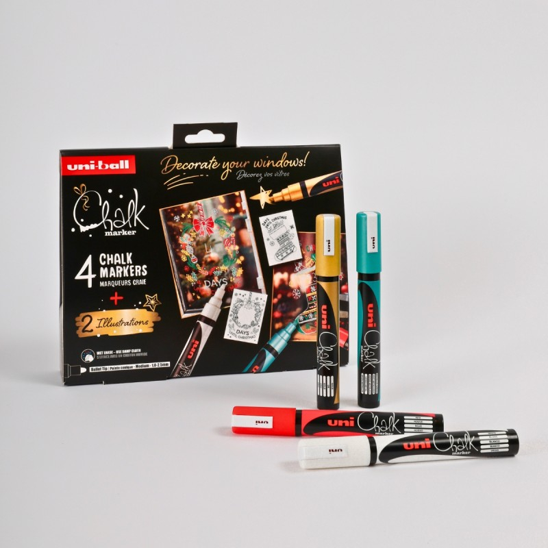 Set pentru desenat pe ferestre 4x Marker cu creta UNI Chalk PWE-5M XMAS Traditional, 1.8-2.5mm, alb, auriu, verde, rosu + 2 sabloane A3 [2]