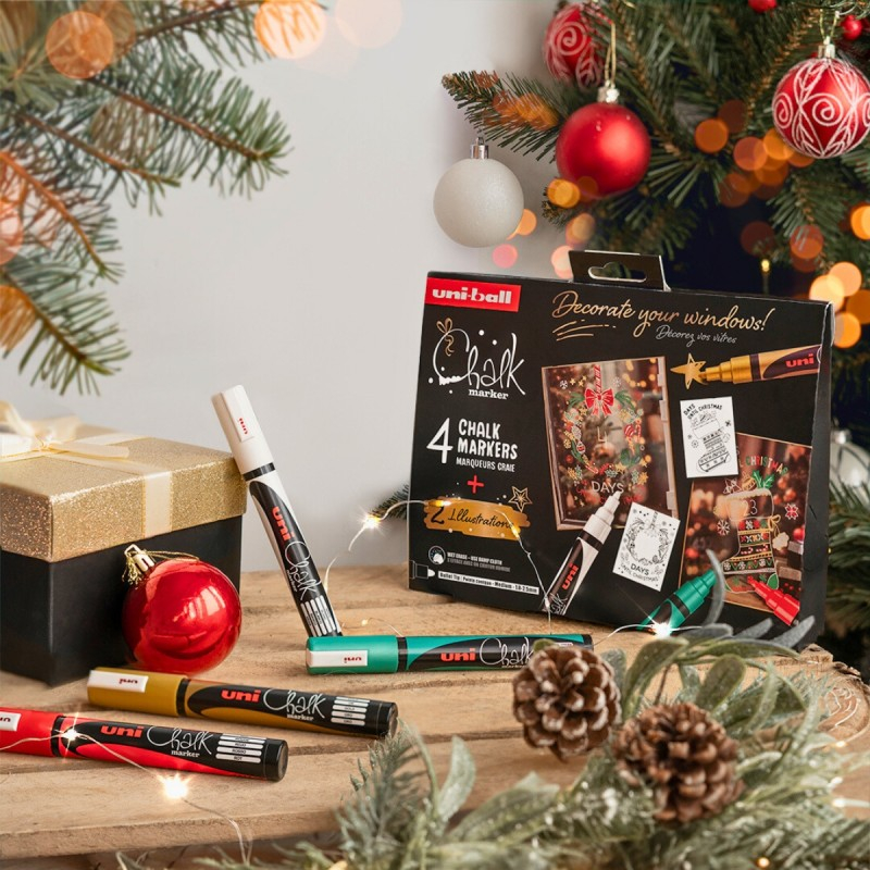 Set pentru desenat pe ferestre 4x Marker cu creta UNI Chalk PWE-5M XMAS Traditional, 1.8-2.5mm, alb, auriu, verde, rosu + 2 sabloane A3 [6]