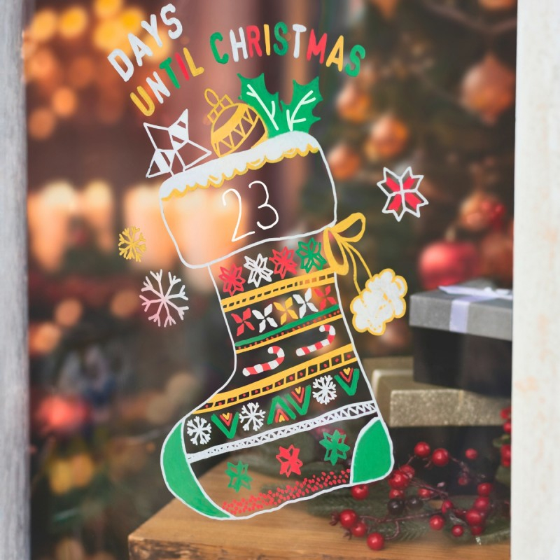 Set pentru desenat pe ferestre 4x Marker cu creta UNI Chalk PWE-5M XMAS Traditional, 1.8-2.5mm, alb, auriu, verde, rosu + 2 sabloane A3 [5]