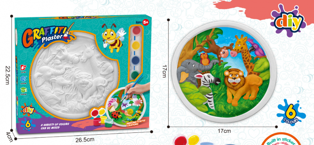 Set pentru pictat Plansa din ceramica tematica animale din jungla,pensula si acuarele incluse, 17 cm [3]
