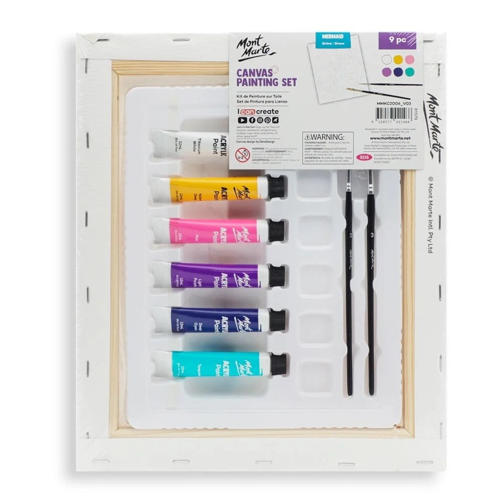 Set pictura pentru copii panza bumbac pretiparita 280 g/m² cu rama din lemn 30x25 cm, 2 pensule si culori acrilice ,tematica sirena [2]