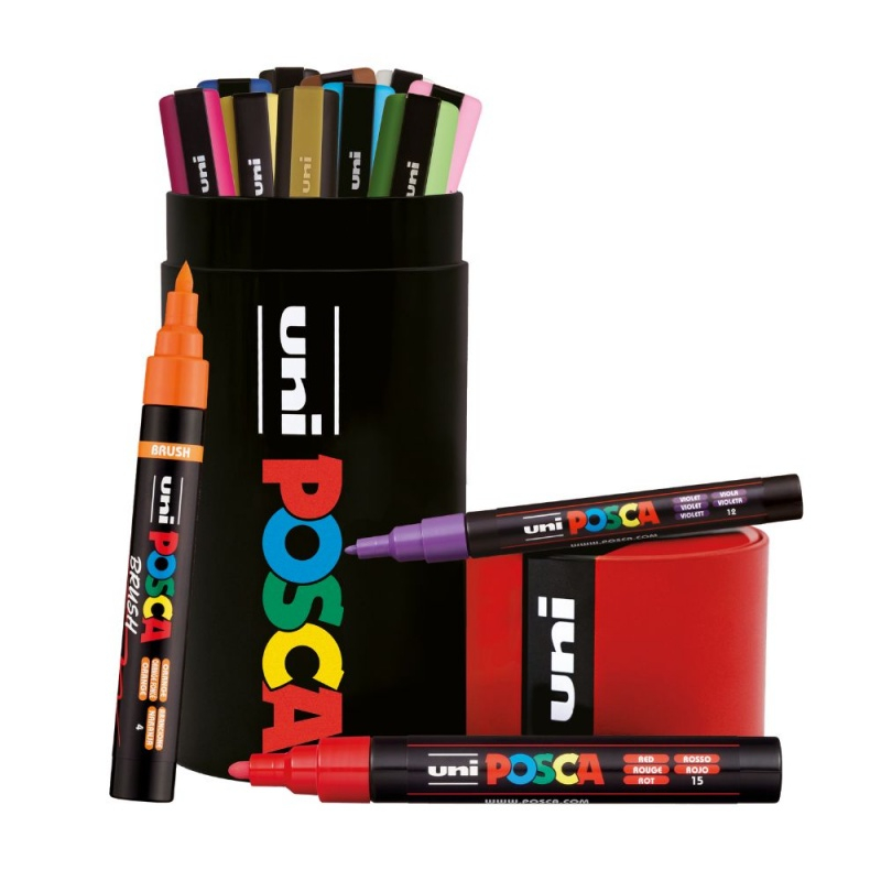 Set Posca 13 markere cu 3 tipuri de varfuri in cutie metalica rotunda [5]
