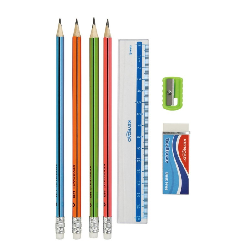 Set scolar Keyroad, 4x creioane, ascutitoare, radiera, rigla