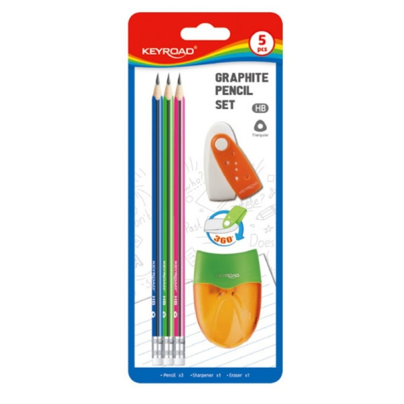 Set scolar Keyroad, 5 piese, 3x creioane, ascutitoare, radiera