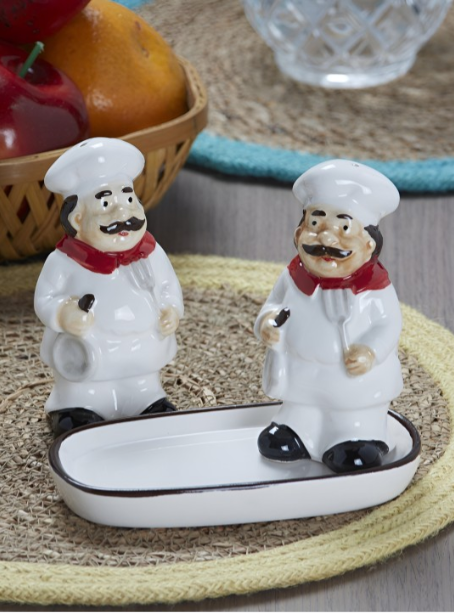 Set solnita piper si sare cu suport,ceramica,model bucatari, 8 cm-2 piese [3]