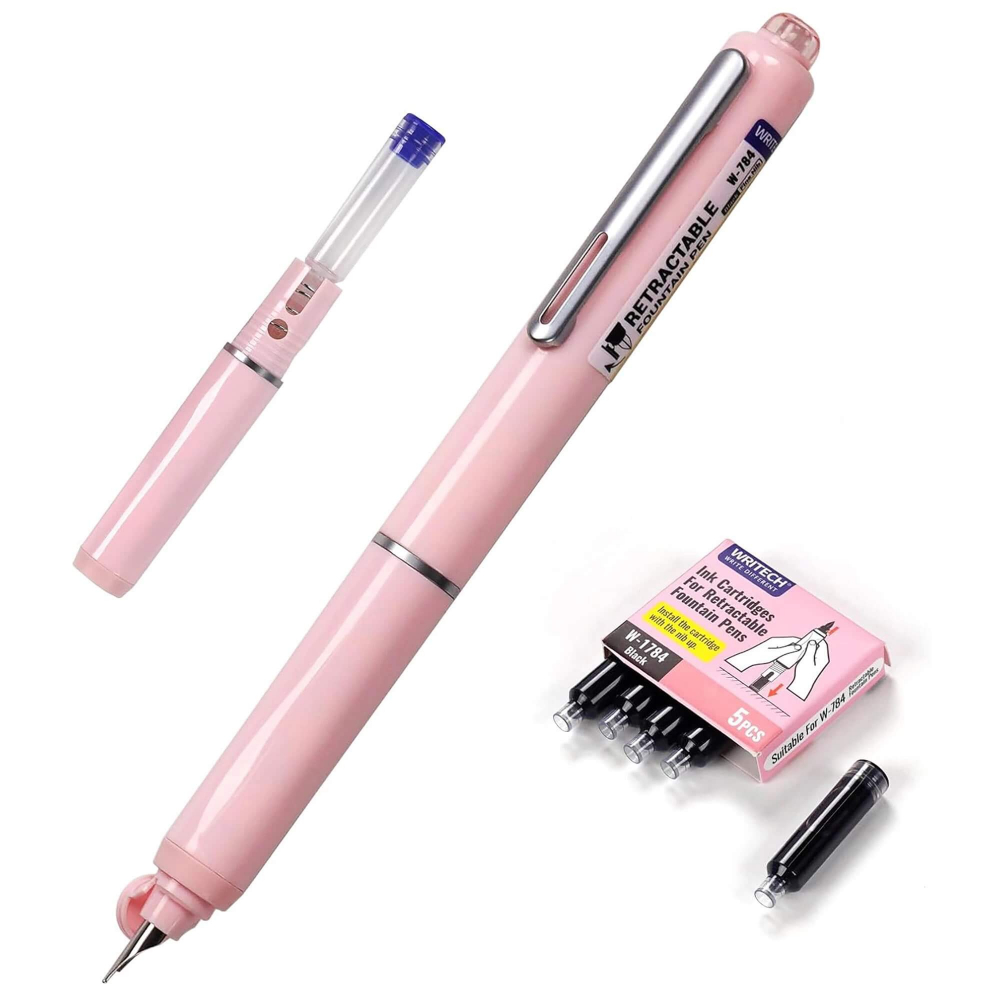 Set stilou retractabil Writech cu 5 rezerve cerneala albastru,grosime penita F, corp roz,cutie depozitare [2]